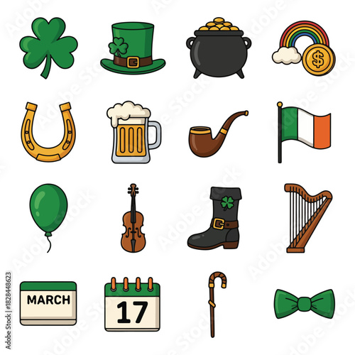 St Patricks Day holiday celebration cartoon vector icon set.