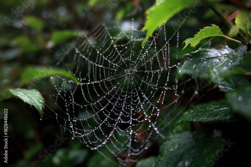 Dewy spider web glistening in the early morning light among green leaves in a serene garden setting