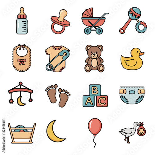 Cute colorful baby items and newborn essentials icon set for infants.