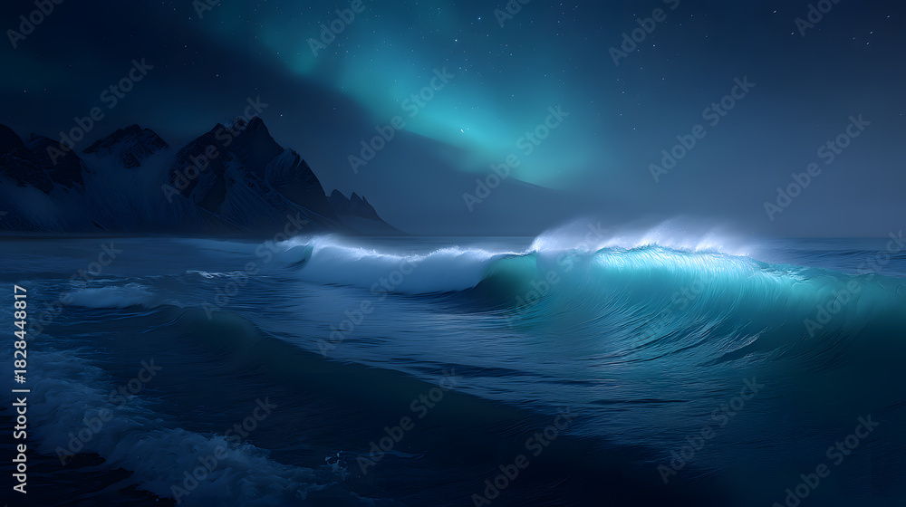 Fototapeta premium Aurora Borealis over Sea: The sky is alive with the dance of the aurora borealis, painting the night with vibrant hues, as ocean waves gently crash on the shore.