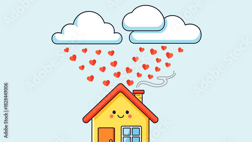 Cartoon House Under Heart Rain - A Symbol of Love.