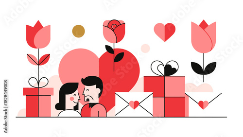 Valentines Day Illustration with Couple, Flowers, and Gifts.