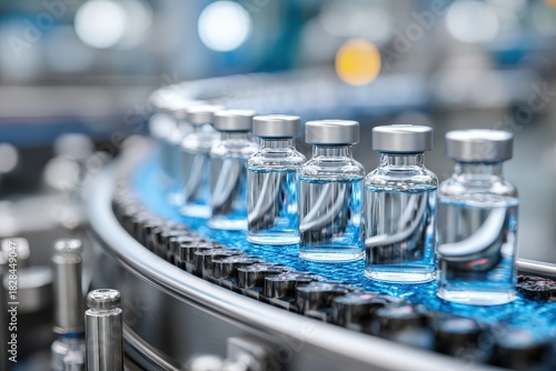 Vials of medicine move along a production line in a pharmaceutical facility during daylight hours