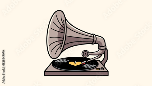 Vintage Gramophone with Vinyl Record Illustration.