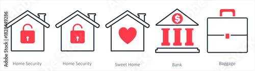 A set of 5 business icon as home security, sweet home, bank
