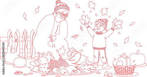 Autumn Fun Line Art of Grandma and Child Playing in Leaves with Pumpkins