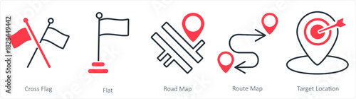 A set of 5 business icon as cross flag, flag, road map, route map