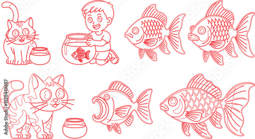Cartoon Red Outline of Cat, Boy, and Four Goldfish with Fishbowls on a White Background