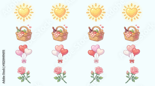 Charming Collection of Picnic, Balloons, Roses, and Sun Icons for Spring.
