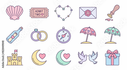 Collection of Pastel Wedding and Romance Icons.
