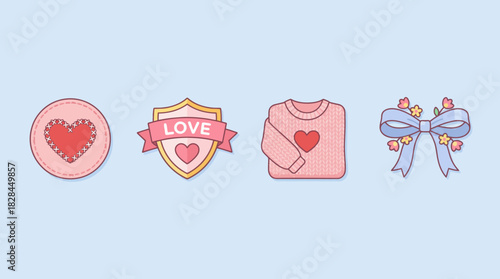 Valentines Day Icons - Heart, Love Badge, Sweater, and Bow.