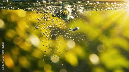 Bubbles rise in sparkling liquid, reflecting sunlit green and yellow tones
