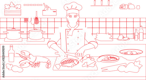 Line Art Chef Slicing Fish, Lobster, Pots, Plates, Bottles, Utensils, and Tiled Background