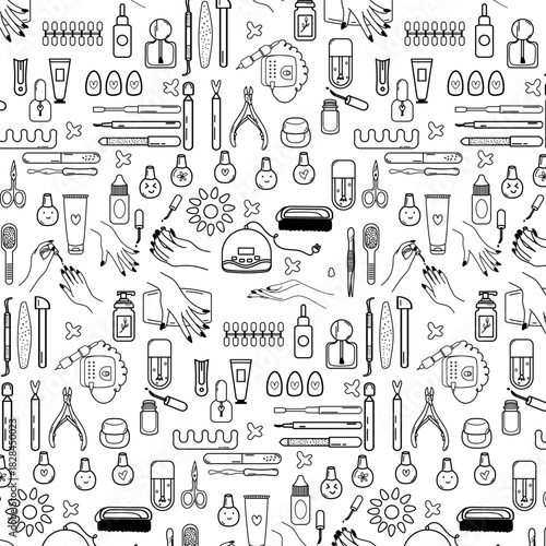 Nail art manicure and pedicure hand drawn doodle seamless pattern