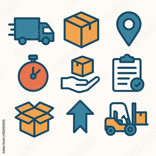 A set of logistics and shipping icons featuring a delivery truck, package, location pin, time icon, hand with a box, clipboard, forklift, and open box.