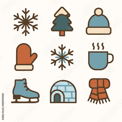 A winter icon set featuring snowflakes, mittens, a beanie, ice skates, an igloo, a hot drink, and a scarf on a light background.