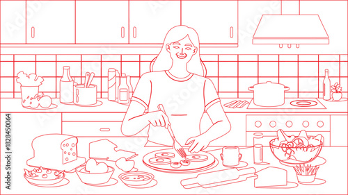 Line Art Illustration of Woman Cooking in a Kitchen with Food and Utensils
