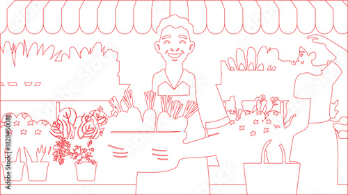 Line Art Illustration of a Smiling Vendor and Customer at a Flower Market Stall