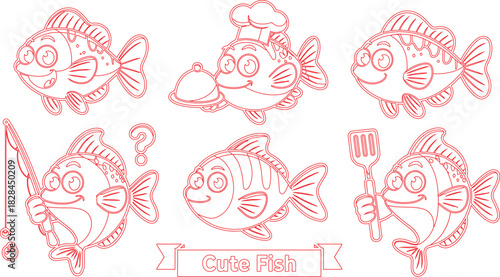 Outline Illustration Cartoon Fish Chef, Fisherman, Cook with Spatula, Question Mark, and Text Banner