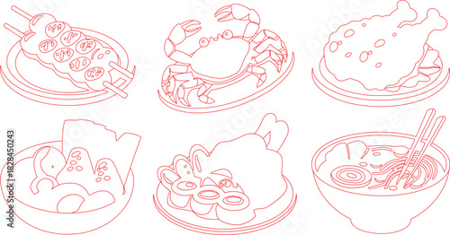 Outline Illustration of Asian Cuisine Yakitori Skewers, Crab, Fried Chicken, and Noodles