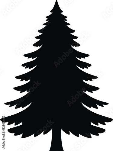 A striking black silhouette of a classic evergreen pine tree, showcasing its iconic conical shape and dense foliage, isolated on a white background
