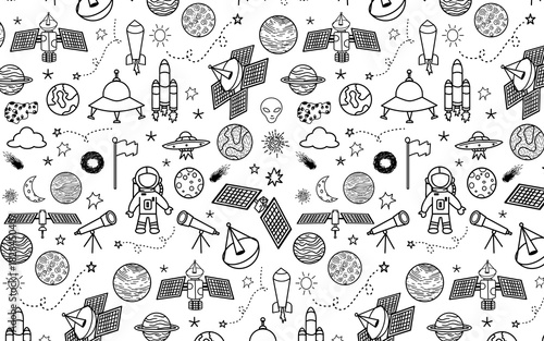 Space planet astronaut hand drawn doodle seamless pattern