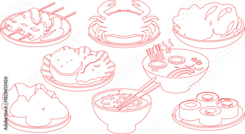 Outlined Japanese Food Illustration Featuring Crab, Ramen, Skewers, Rice Bowl, and Various Plates