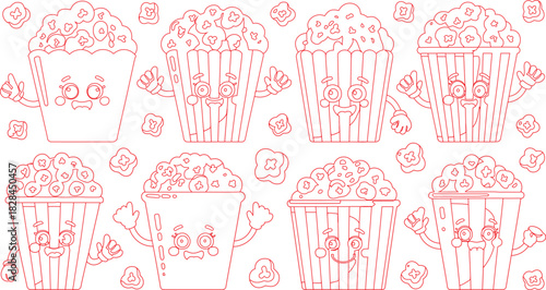 Outlined Cartoon Popcorn Buckets with Cute Facial Expressions and Arms, Surrounded by Popcorn Pieces