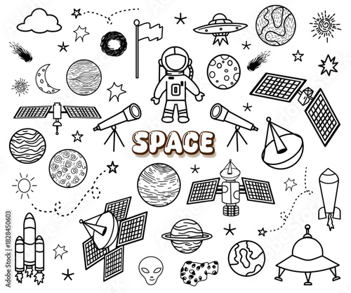 Space planet astronaut hand drawn doodle element