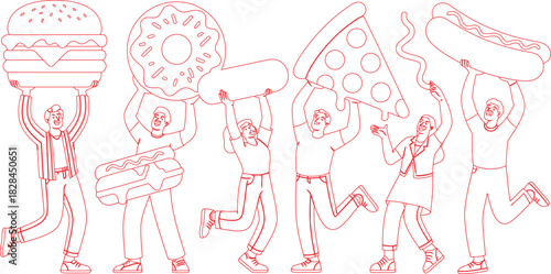 People Cheerfully Holding Giant Food Burger, Donut, Eclair, Pizza Slice, Hotdog, Outline Style, Red Lines