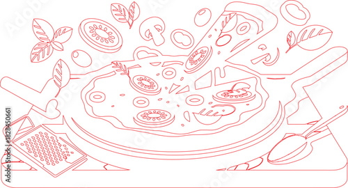 Pizza Illustration Outline of Pizza in Pan with Tomatoes, Mushrooms, and Grater Details