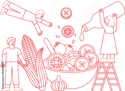 Quirky Food Preparation People Adding Corn, Veggies, and Dressing to a Salad Bowl