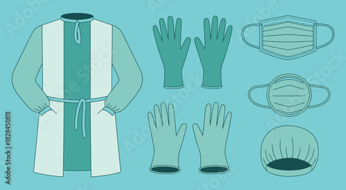depiction of essential medical protective gear for health and safety, vector illustration showing masks, gloves, protective clothing, and safety equipment, ideal for healthcare training materials.