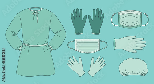 depiction of essential medical protective gear for health and safety, including masks, gloves, face shields, gowns, and hygiene equipment, suitable for healthcare education, hospital safety visuals.