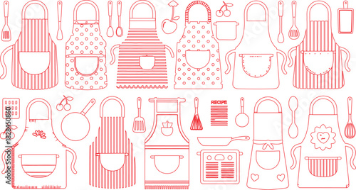Red Outline Aprons and Kitchenware Patterned Kitchen Tools, Recipe Book, and Culinary Accessories on White Background
