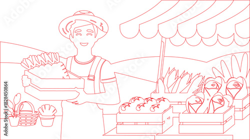 Red Line Drawing of Farmer at Market with Vegetables, Flowers, and Decorative Potted Plants