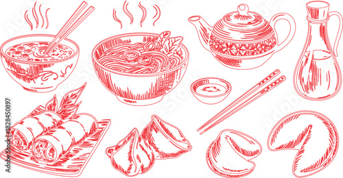 Red Outline Asian Cuisine Illustration Noodle Bowls, Spring Rolls, Dumplings, Teapot, Sauce, Fortune Cookies, Chopsticks