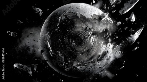 Fototapeta Naklejka Na Ścianę i Meble -  Dramatic destruction of a futuristic space station or satellite in deep space, monochrome effect