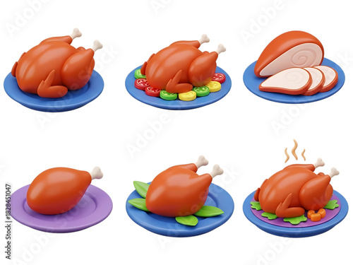 Collection of 3d rendered roasted turkey and chicken icons isolated on transparent background for holiday meal concept