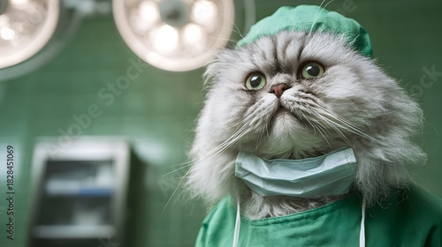 Fluffy Persian cat dressed as a surgeon in a bright operating room setting