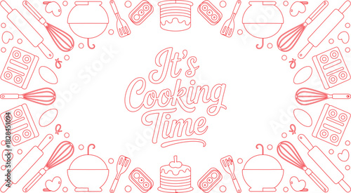 Red Outline Cooking Utensils Bordering It's Cooking Time Text on White Background, Baking Themed Illustration