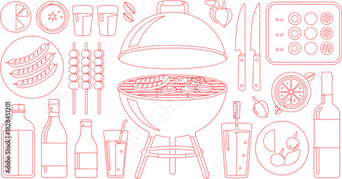 Red Outline Illustration of Barbecue Grill with Food, Drinks, and Utensils Arranged Neatly