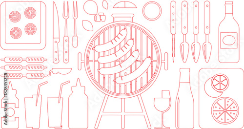 Red Outline Illustration of Barbecue Grill with Sausages, Drinks, and Accessories for Summer Cooking