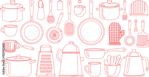 Red Outline Kitchen Utensils Pattern Pots, Pans, Spoons, Mugs, Kettle, Grater, Oven Mitt
