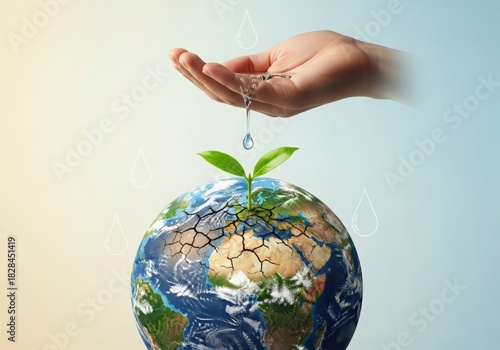 Wallpaper Mural Caring hand nurtures thriving earth with fresh water droplets Torontodigital.ca