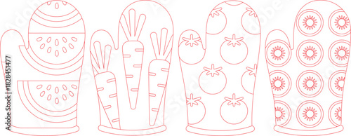 Red Outlines of Kitchen Oven Mittens with Watermelon, Carrots, Tomatoes, and Sunflower Designs, Isolated on White