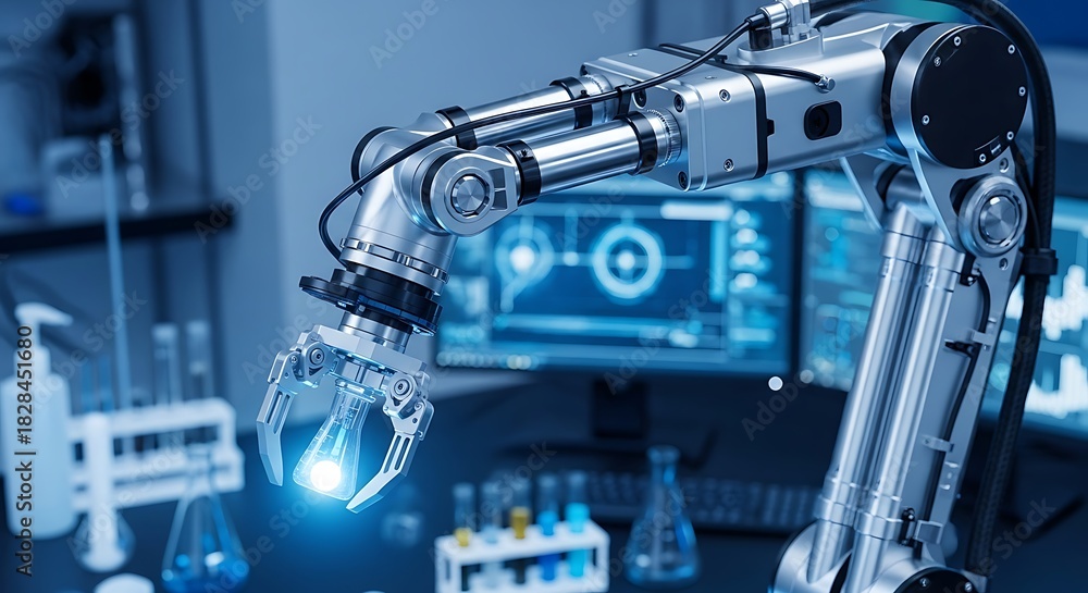 Fototapeta premium Dynamic robotic arm holding glowing beaker in modern laboratory, offering futuristic innovation and advanced technology, promising breakthrough research