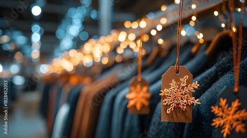 Festive winter clothing display with bokeh lights and decorative gift tags, holiday retail scene.