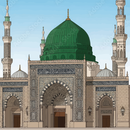 Vector illustration of Masjid an Nabawi the Prophets Mosque in Medina Saudi Arabia detailed architectural design for travel and religious concepts