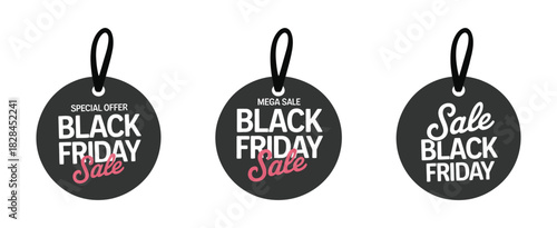 Black Friday promotional sale tags and plastic price badges with discount labels collection for marketing banner online advertisement seasonal promotion design vector illustration.